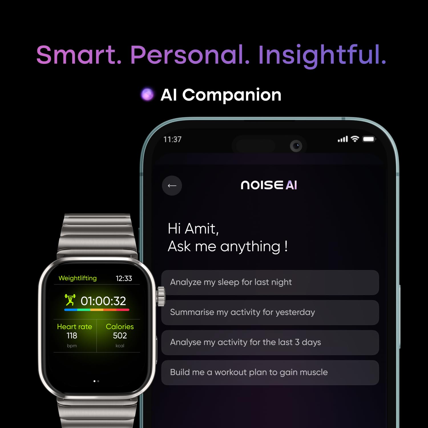 61vYodtS+BL._SL1500_ Noise Pro 6 Max Smart Watch:Intelligent AI, Endless AI Watch Faces, AI Companion, 1.96” AMOLED, Stainless Steel Build, Built-in GPS, 5 ATM, EN2 Processor, for iOS & Android(Pure Titanium) - Image 4